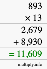How to calculate 893 times 13 using long multiplication