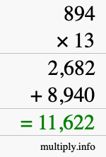 How to calculate 894 times 13 using long multiplication