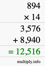 How to calculate 894 times 14 using long multiplication