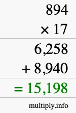 How to calculate 894 times 17 using long multiplication