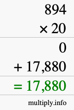 How to calculate 894 times 20 using long multiplication