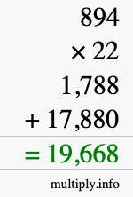 How to calculate 894 times 22 using long multiplication