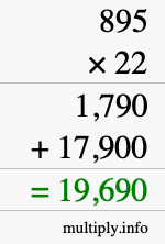 How to calculate 895 times 22 using long multiplication