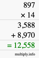 How to calculate 897 times 14 using long multiplication