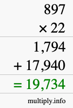How to calculate 897 times 22 using long multiplication