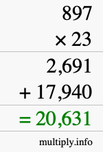 How to calculate 897 times 23 using long multiplication