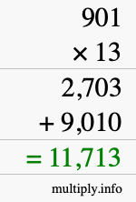 How to calculate 901 times 13 using long multiplication