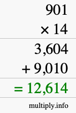 How to calculate 901 times 14 using long multiplication