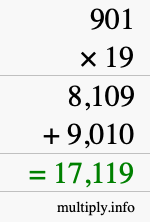 How to calculate 901 times 19 using long multiplication