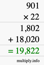 How to calculate 901 times 22 using long multiplication