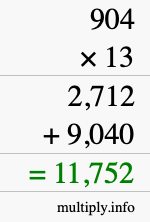 How to calculate 904 times 13 using long multiplication