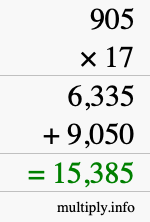 How to calculate 905 times 17 using long multiplication