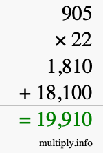 How to calculate 905 times 22 using long multiplication