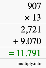 How to calculate 907 times 13 using long multiplication