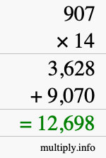 How to calculate 907 times 14 using long multiplication