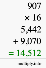 How to calculate 907 times 16 using long multiplication