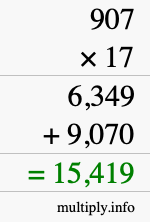 How to calculate 907 times 17 using long multiplication