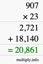 How to calculate 907 times 23 using long multiplication