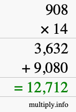 How to calculate 908 times 14 using long multiplication