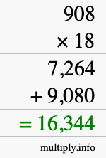 How to calculate 908 times 18 using long multiplication