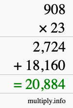 How to calculate 908 times 23 using long multiplication