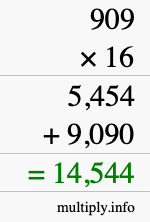 How to calculate 909 times 16 using long multiplication