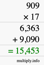 How to calculate 909 times 17 using long multiplication