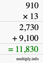 How to calculate 910 times 13 using long multiplication