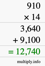 How to calculate 910 times 14 using long multiplication