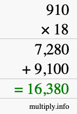 How to calculate 910 times 18 using long multiplication