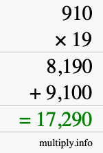 How to calculate 910 times 19 using long multiplication