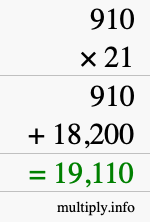 How to calculate 910 times 21 using long multiplication