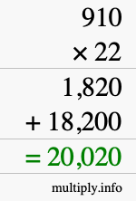 How to calculate 910 times 22 using long multiplication