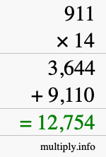 How to calculate 911 times 14 using long multiplication