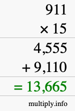 How to calculate 911 times 15 using long multiplication How to calculate 911 times 15 using long multiplication