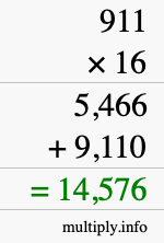 How to calculate 911 times 16 using long multiplication
