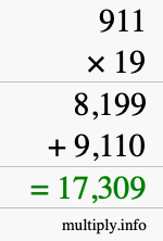 How to calculate 911 times 19 using long multiplication