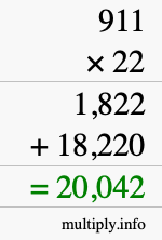 How to calculate 911 times 22 using long multiplication