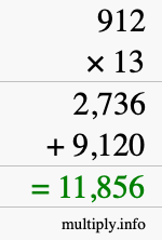 How to calculate 912 times 13 using long multiplication
