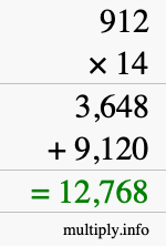How to calculate 912 times 14 using long multiplication