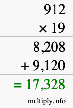 How to calculate 912 times 19 using long multiplication