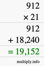 How to calculate 912 times 21 using long multiplication