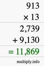 How to calculate 913 times 13 using long multiplication