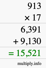 How to calculate 913 times 17 using long multiplication