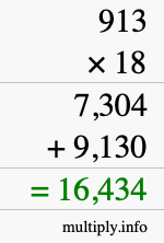 How to calculate 913 times 18 using long multiplication
