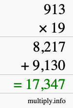 How to calculate 913 times 19 using long multiplication