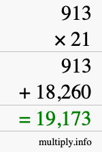 How to calculate 913 times 21 using long multiplication