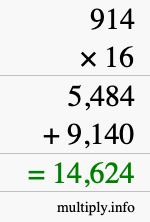 How to calculate 914 times 16 using long multiplication