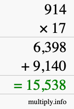 How to calculate 914 times 17 using long multiplication
