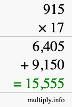 How to calculate 915 times 17 using long multiplication